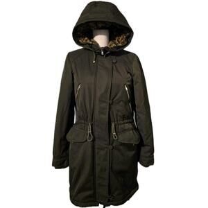 Zara Trafaluc Womens Khaki Parka Jacket/Winter Coat Faux Fur Hooded Lined Sz SM